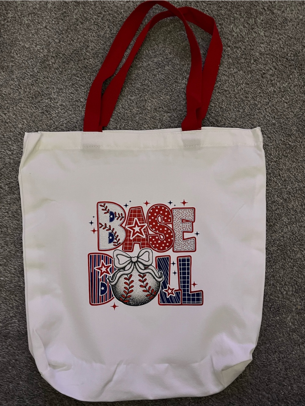 White Tote Bag with Red, Blue & Black Baseball Graphic